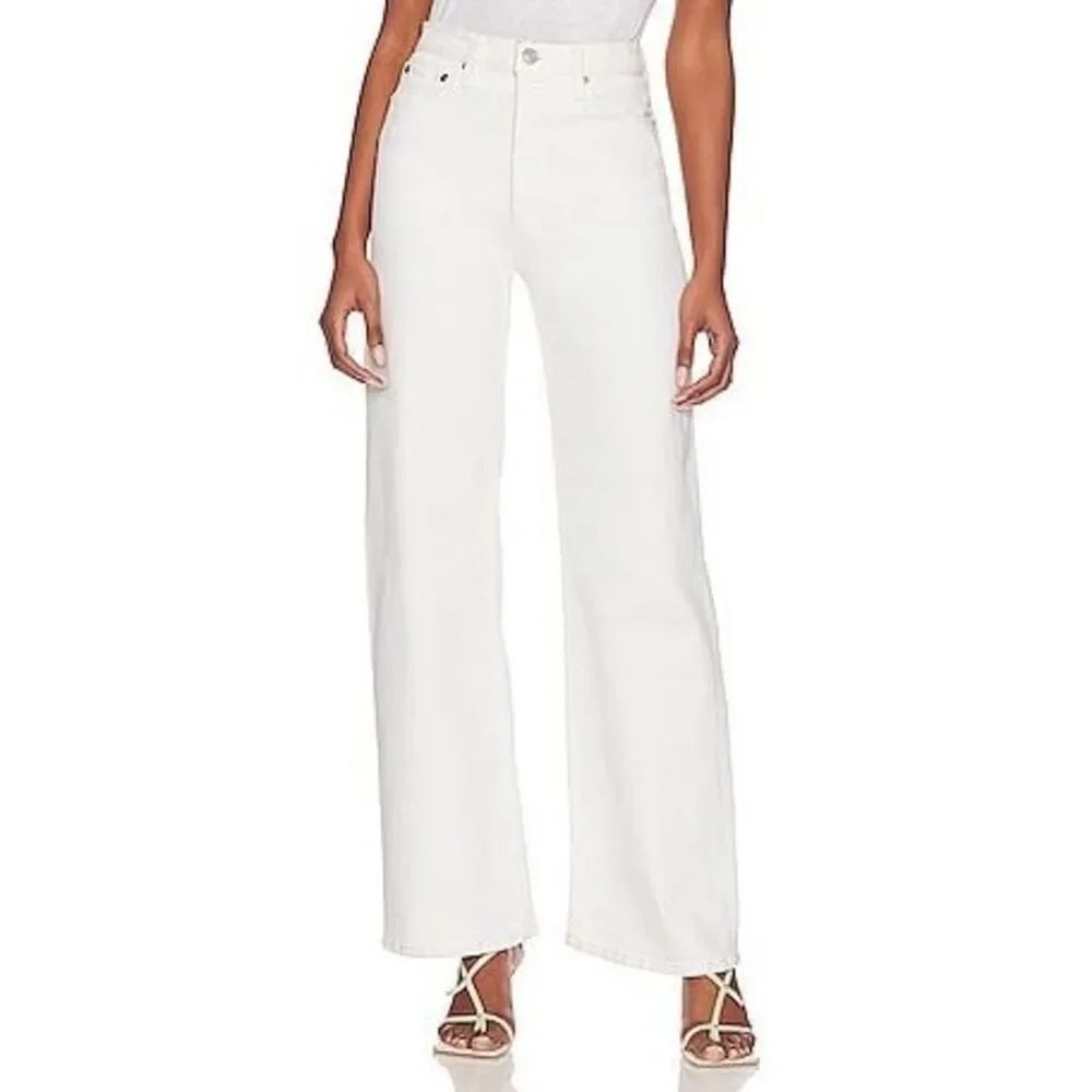 Re/done white high waisted button fly straight leg distressed hem jeans size 26